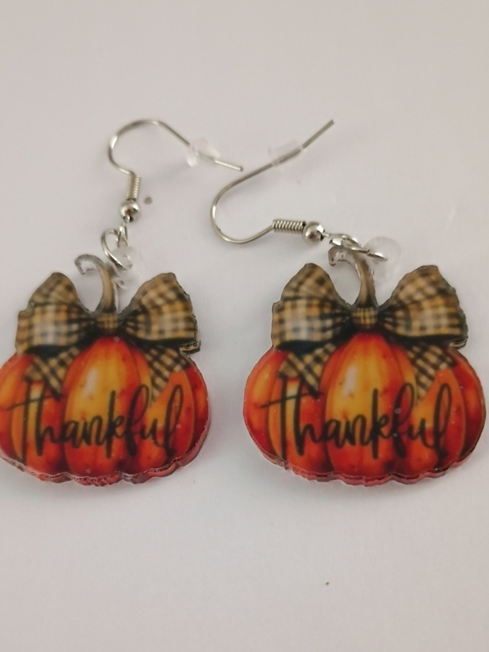 Autumn 'Thankful' Pumpkin Drop Earrings in Orange with Plaid Bow